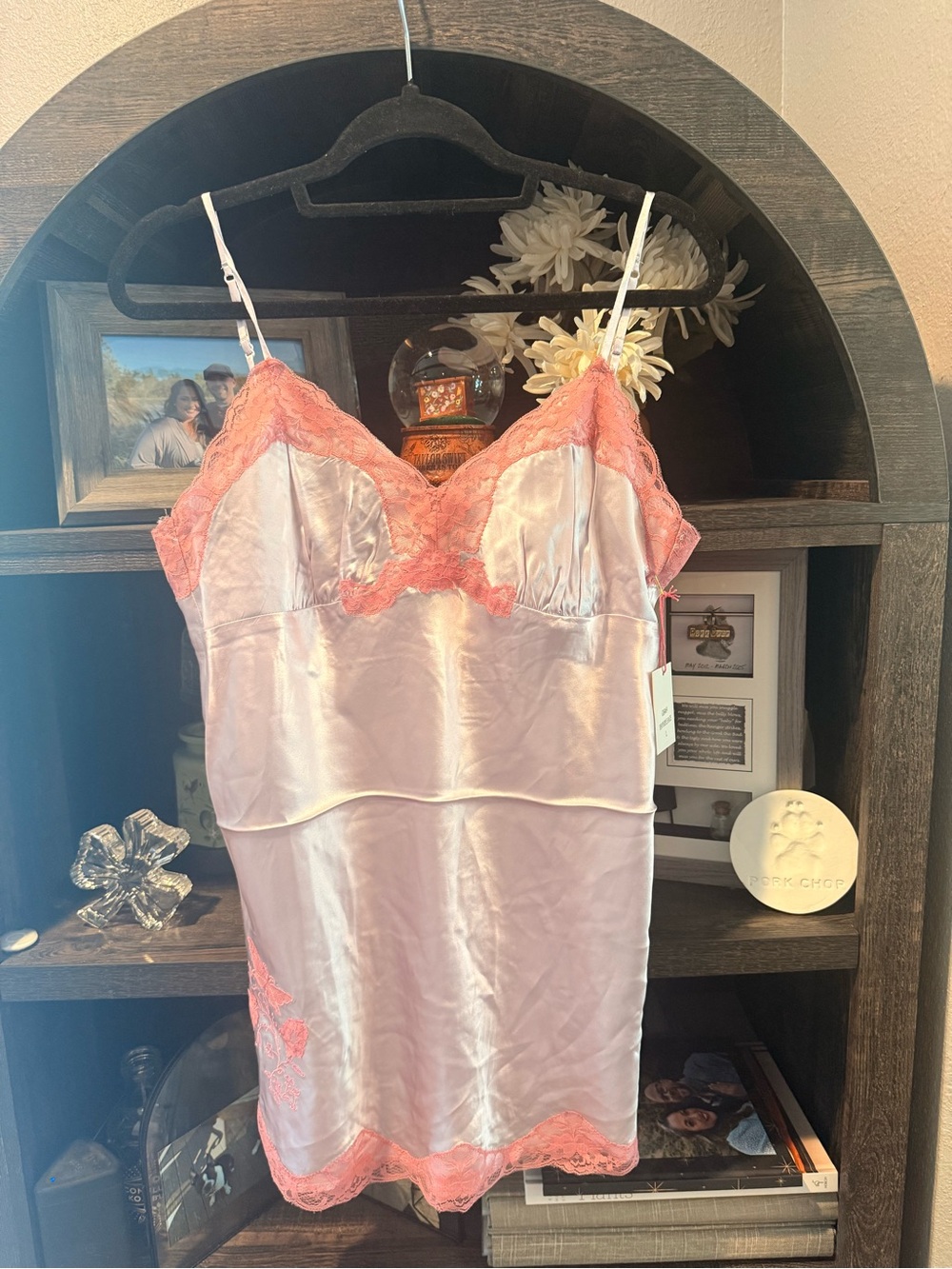 100% Silk Chemise with Coral Lace Trim
